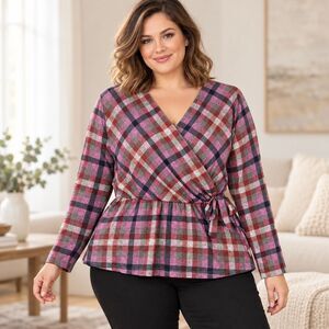 Lane Bryant Top Women 14 16 1X Pink Plaid Faux Wrap Peplum Tie Waist Long Sleeve